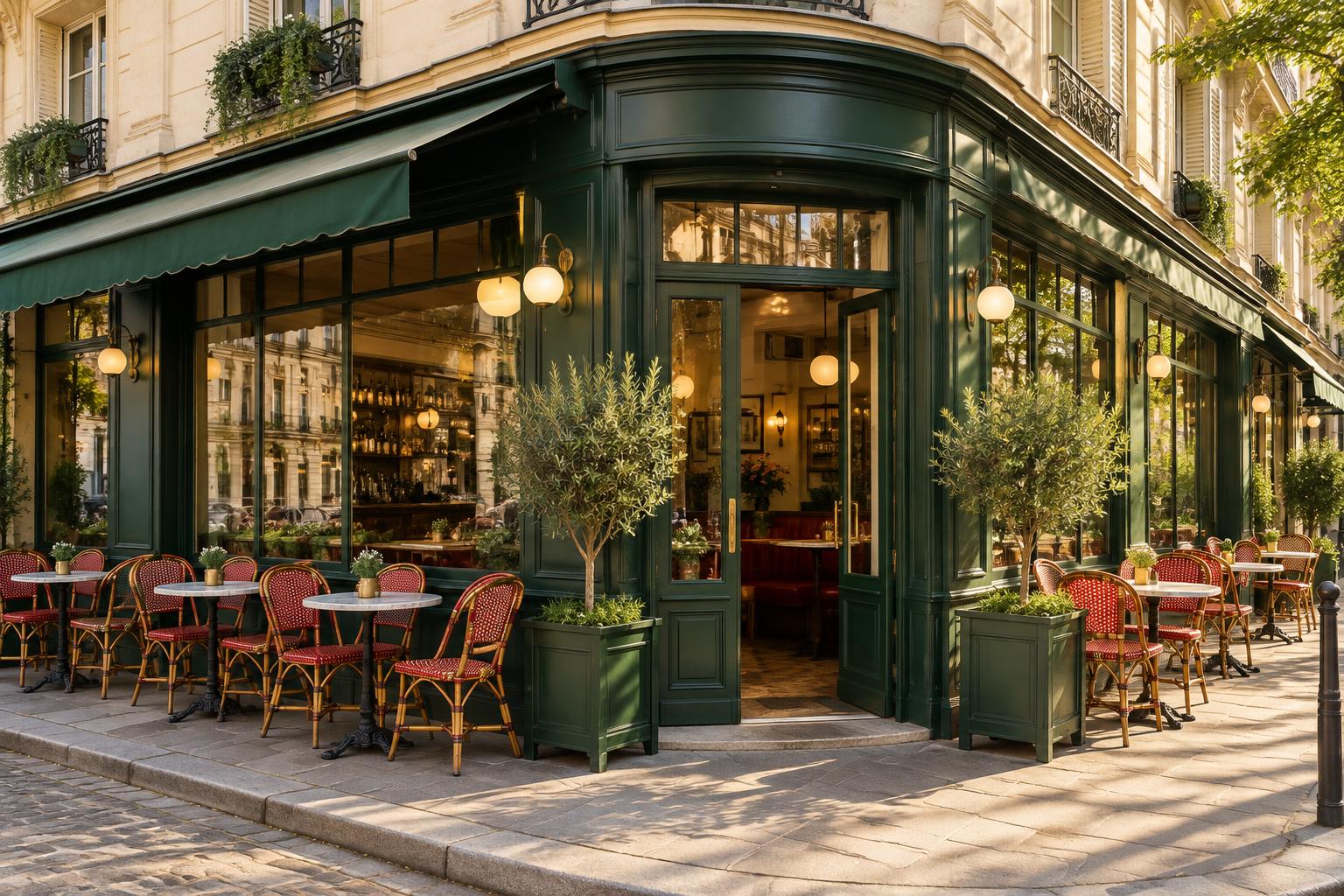 An original Parisian café scene with green frontage and red bistro chairs