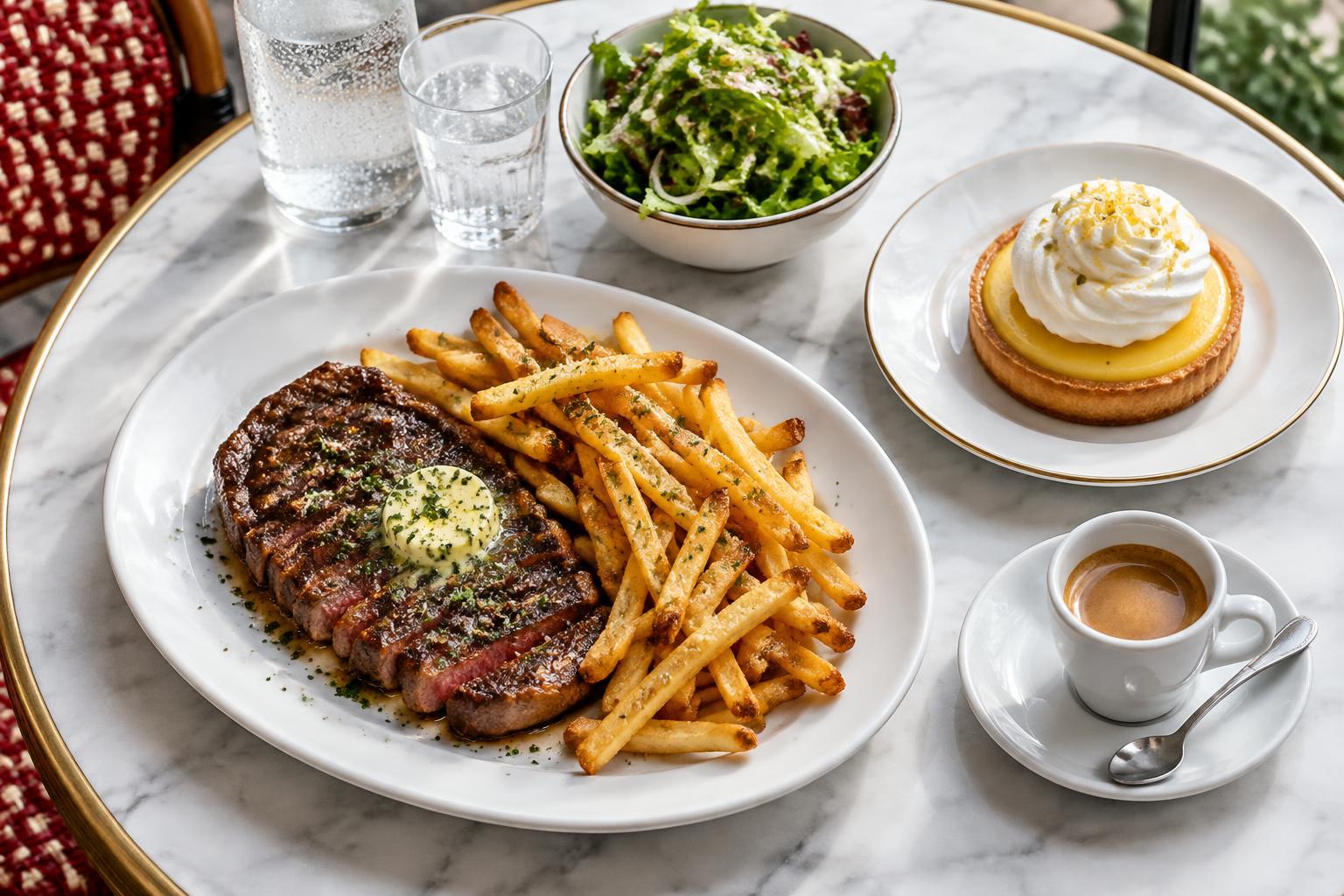 Steak frites, lemon tart and espresso on a marble café table
