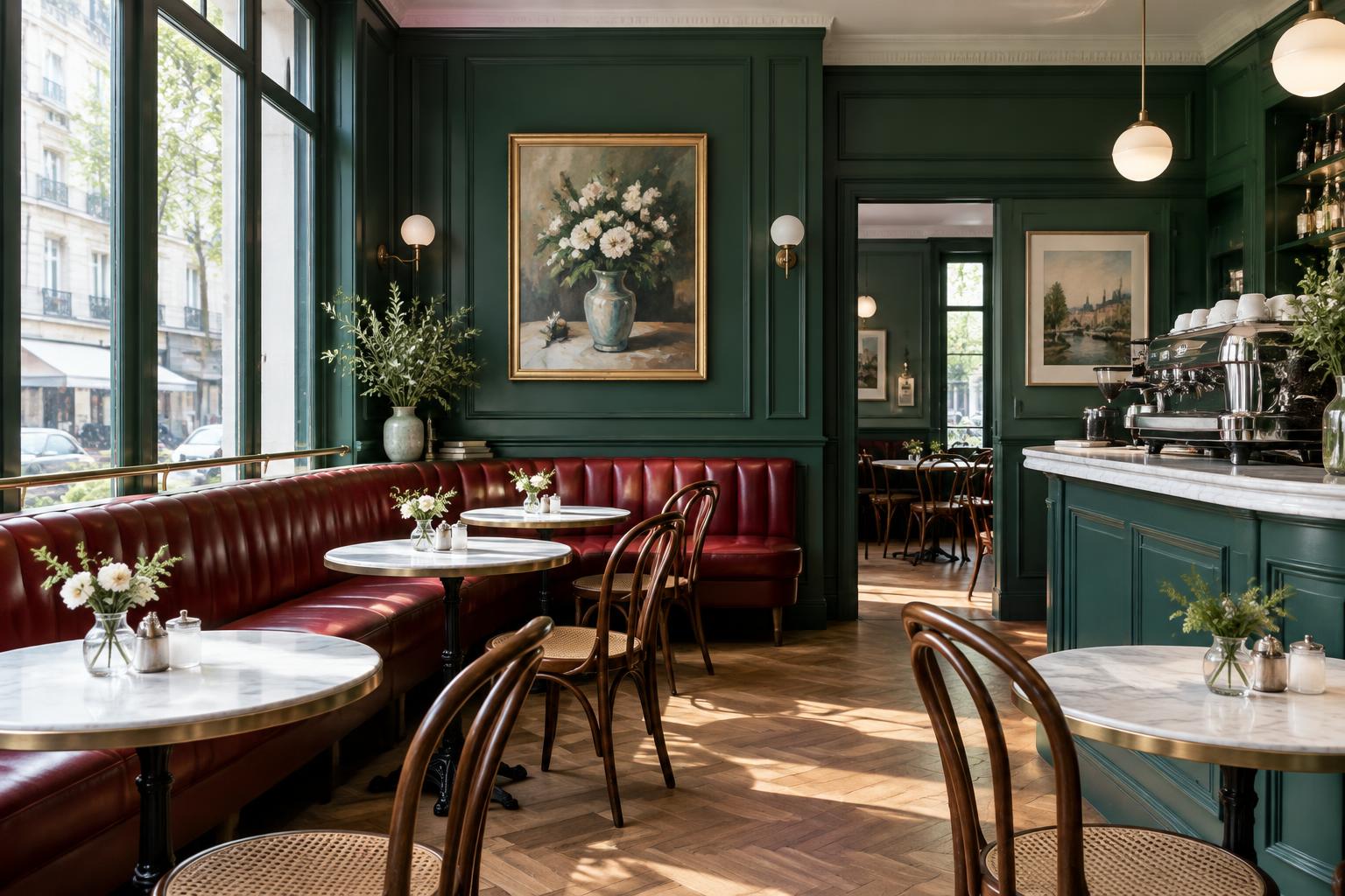 Original French café interior with green paneling and red banquettes